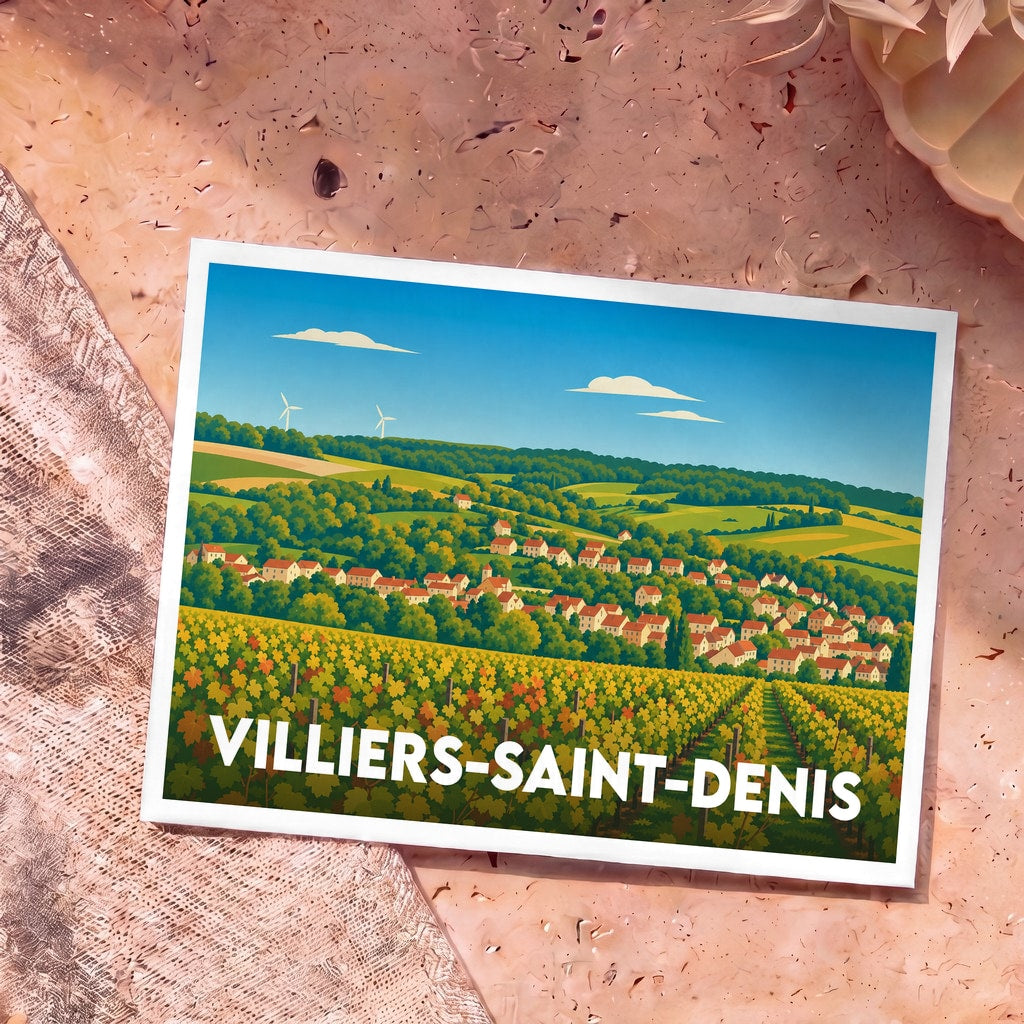 Carte postale souvenir de la ville de Villiers-Saint-Denis avec une illustration stylisée de son paysage vallonné et de ses vignobles.