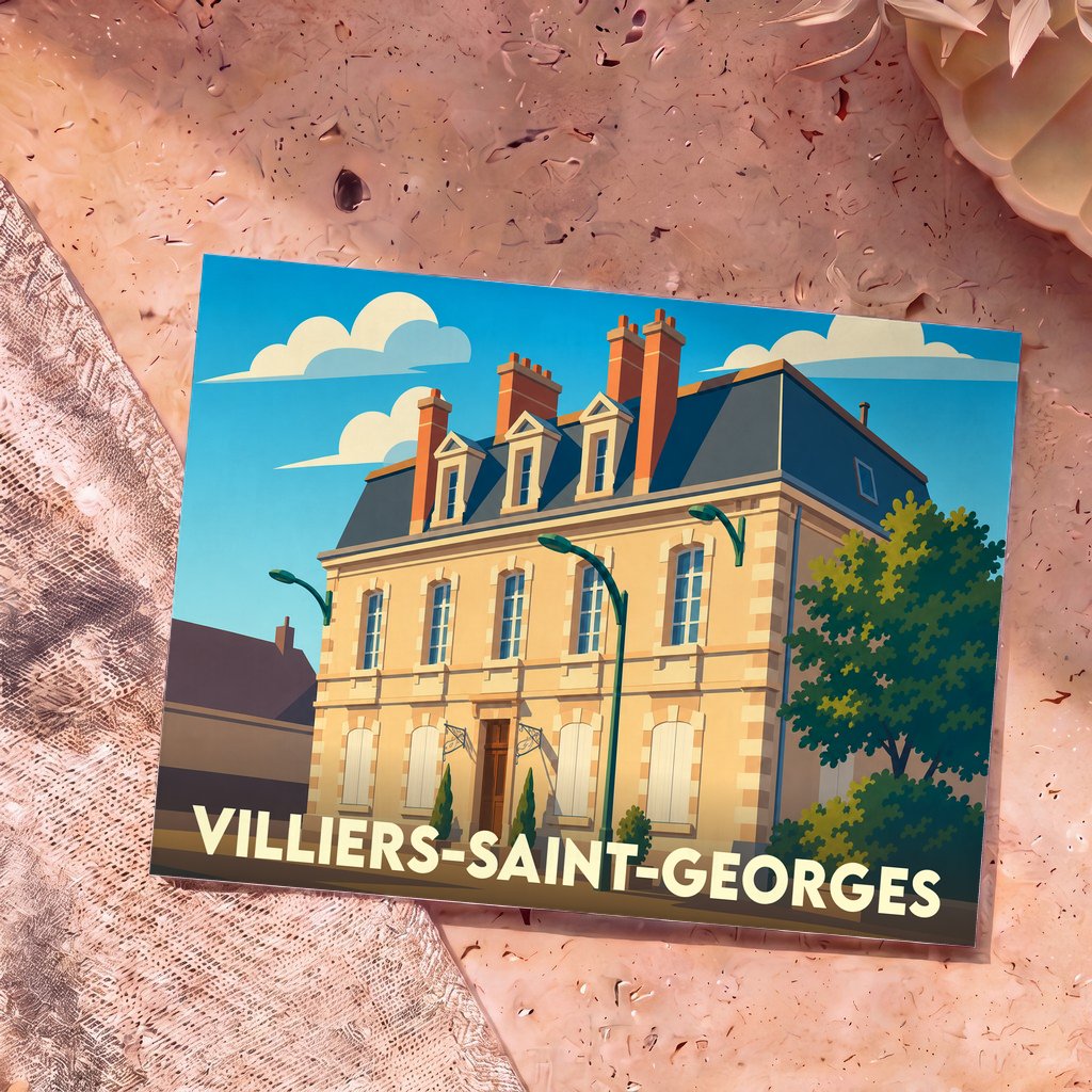Carte postale souvenir de la ville de Villiers-Saint-Georges avec une illustration stylisée de sa mairie.