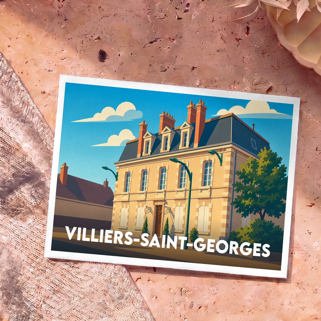 Carte postale souvenir de la ville de Villiers-Saint-Georges avec une illustration stylisée de sa mairie.