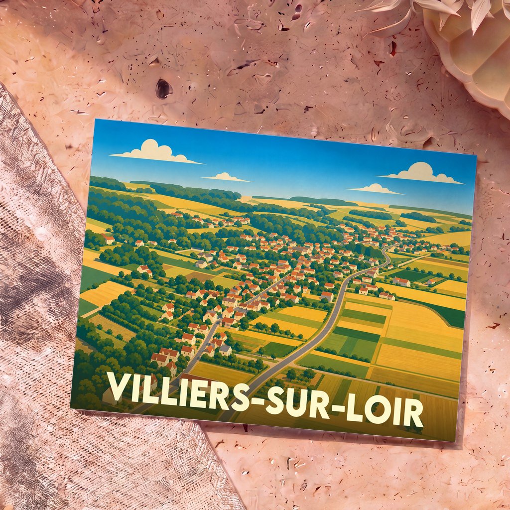 Carte postale souvenir de Villiers-sur-Loir illustrée par une vue aérienne stylisée du village et de ses champs.