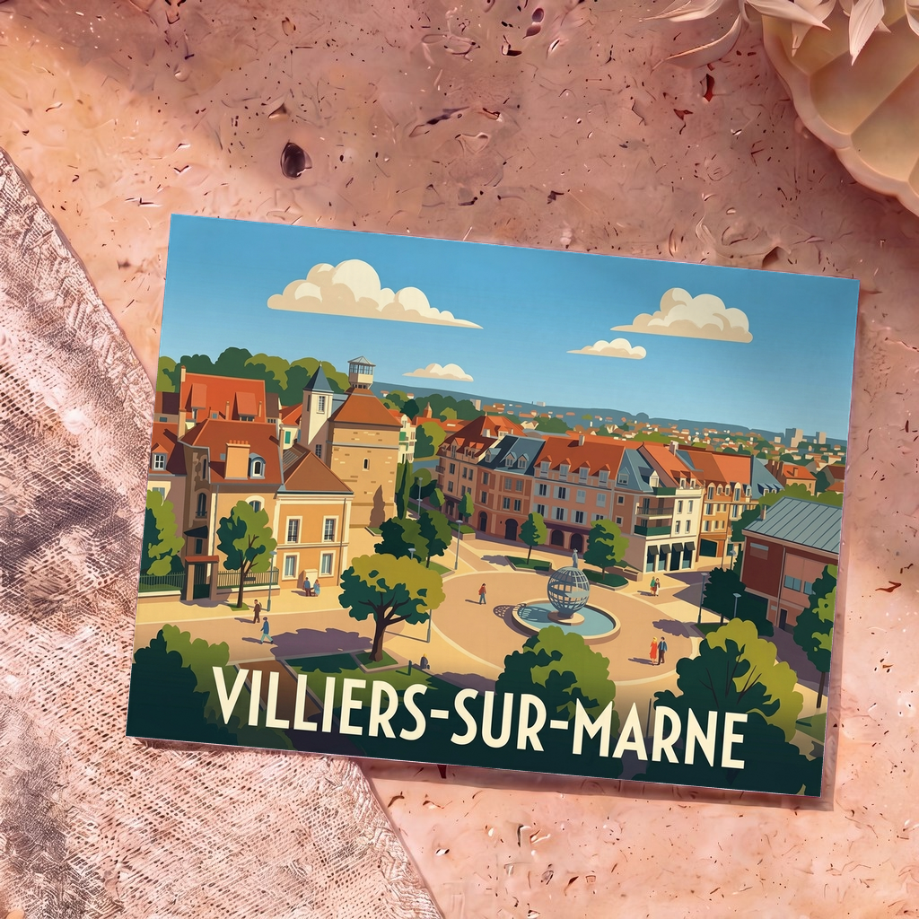 Carte postale souvenir de la ville de Villiers-sur-Marne avec une illustration stylisée.
