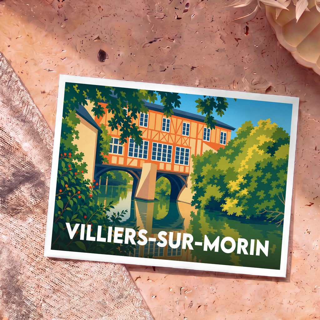 Carte postale souvenir de la ville de Villiers-sur-Morin avec une illustration stylisée d'un bâtiment à colombages sur un pont.