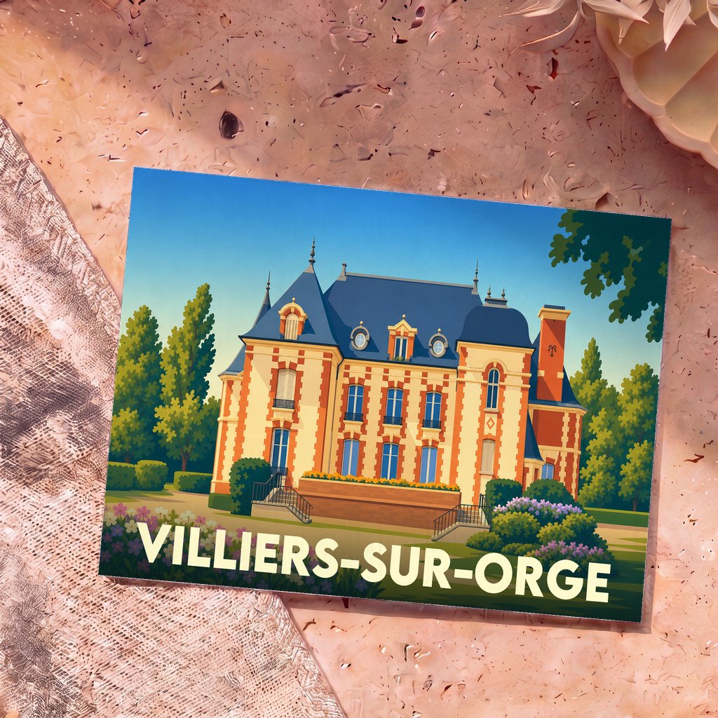 Carte postale souvenir de la ville de Villiers-sur-Orge avec une illustration stylisée d'un château.