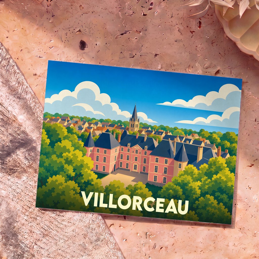 Carte postale souvenir de la ville de Villorceau avec une illustration stylisée de son château.