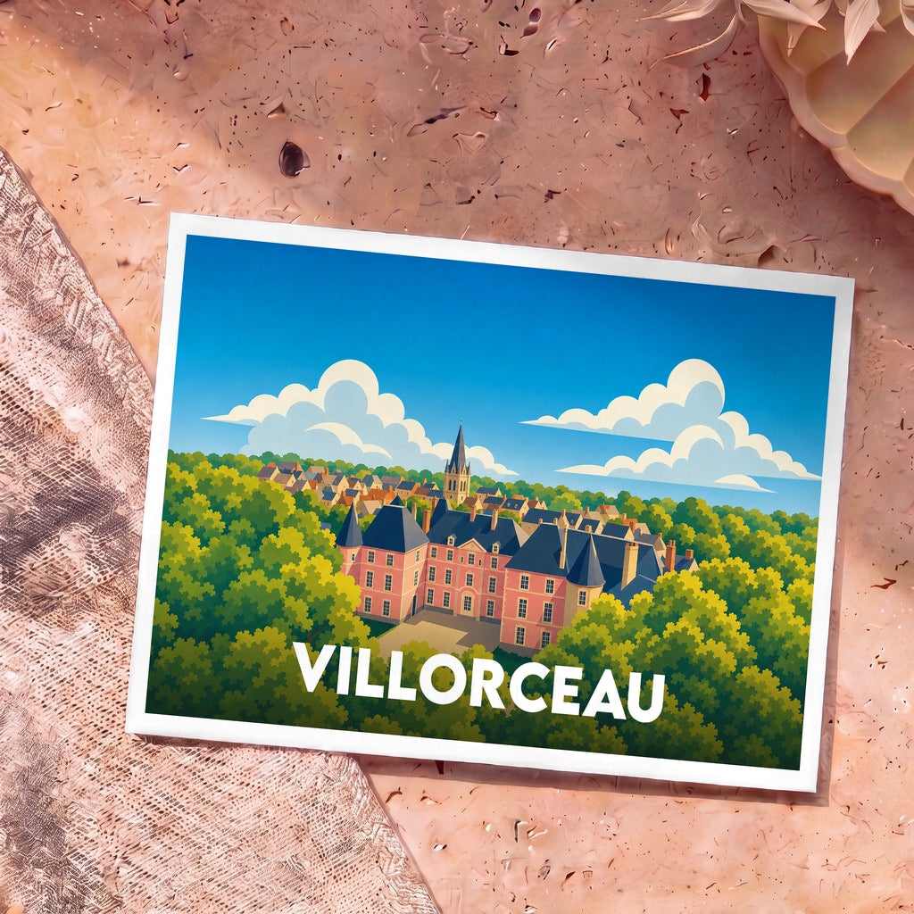 Carte postale souvenir de la ville de Villorceau avec une illustration stylisée de son château.