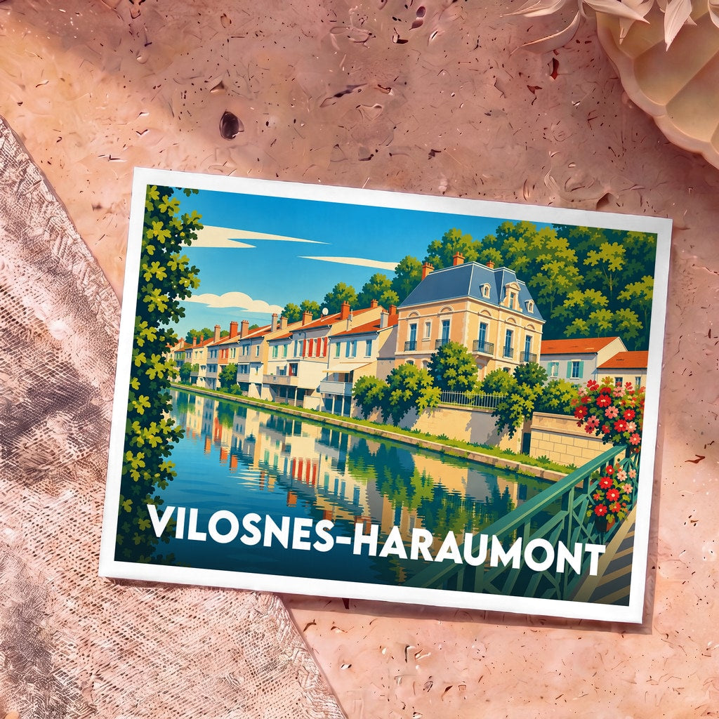 Carte postale souvenir de la ville de Vilosnes-Haraumont avec une illustration stylisée d'un canal bordé de maisons colorées.