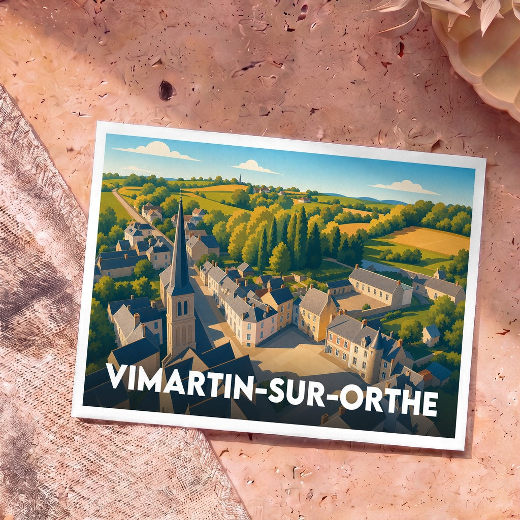 Carte postale souvenir de Vimartin-sur-Orthe avec une illustration stylisée du village vu du ciel.