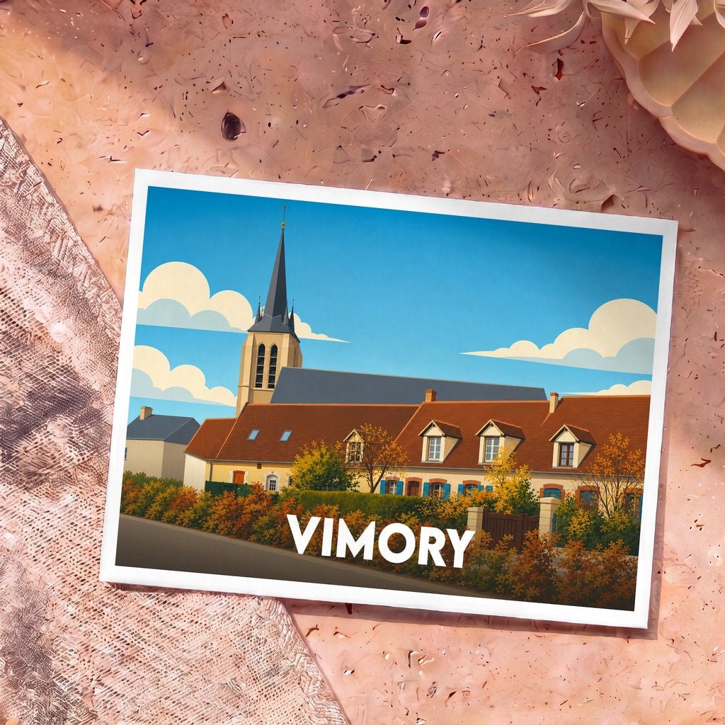 Carte postale souvenir de la ville de Vimory illustrant son église et ses maisons dans un style graphique épuré.