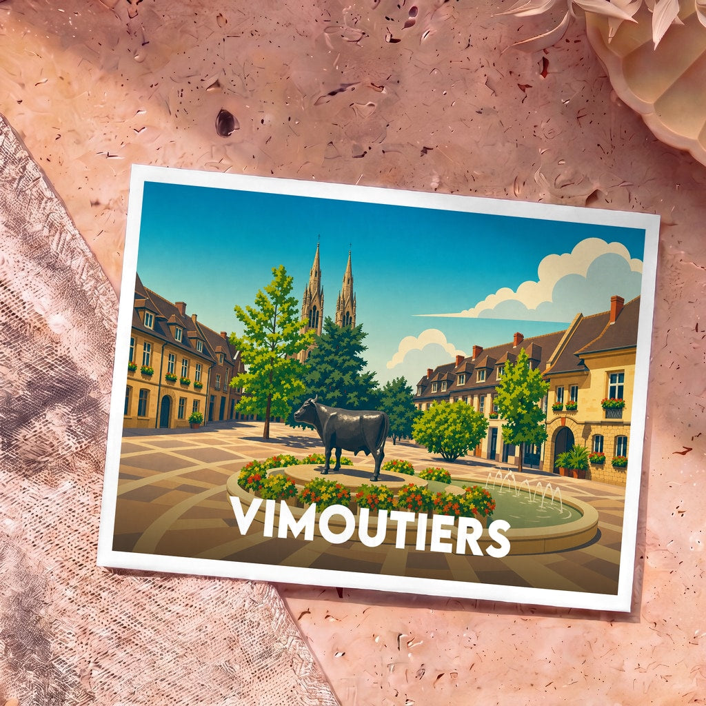 Carte postale souvenir de la ville de Vimoutiers avec une illustration stylisée de sa place principale et de sa célèbre statue de vache.