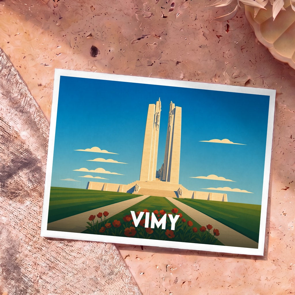 Carte postale souvenir de la ville de Vimy représentant son monument commémoratif avec une illustration stylisée.