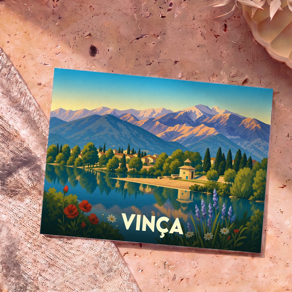 Carte postale souvenir de la ville de Vinça avec une illustration stylisée d'un lac bordé de montagnes.