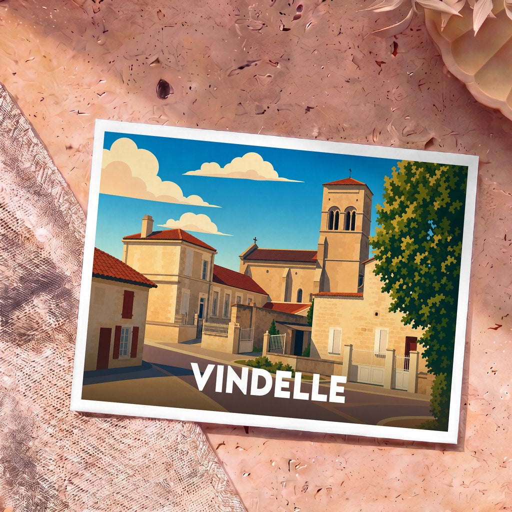 Carte postale souvenir de la ville de Vindelle avec une illustration stylisée de son église et de ses maisons en pierre.