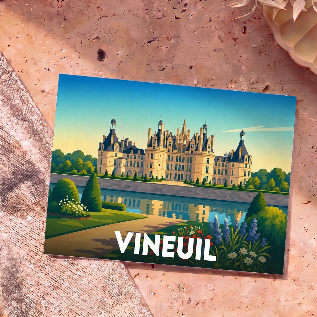 Carte postale souvenir de la ville de Vineuil illustrant un château majestueux se reflétant dans l'eau.