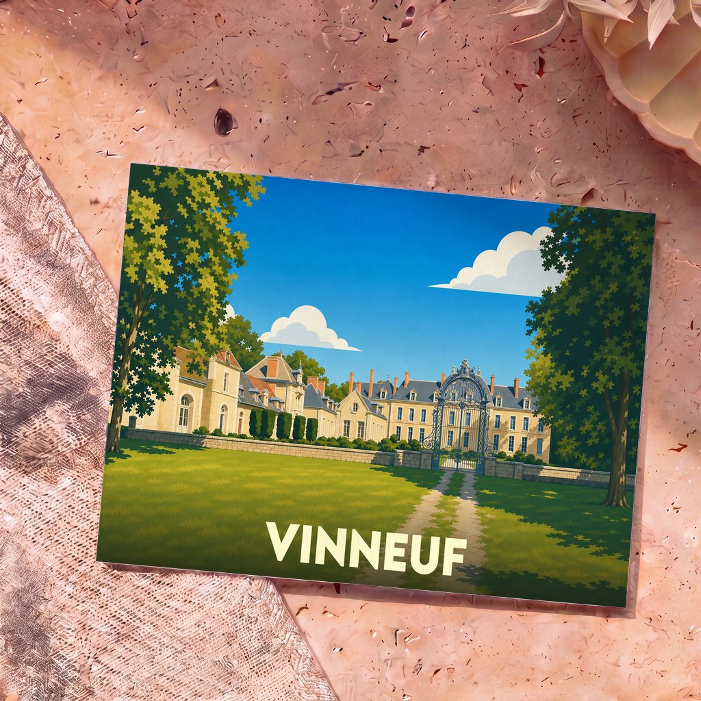 Carte postale souvenir de la ville de Vinneuf avec une illustration stylisée d'un château.