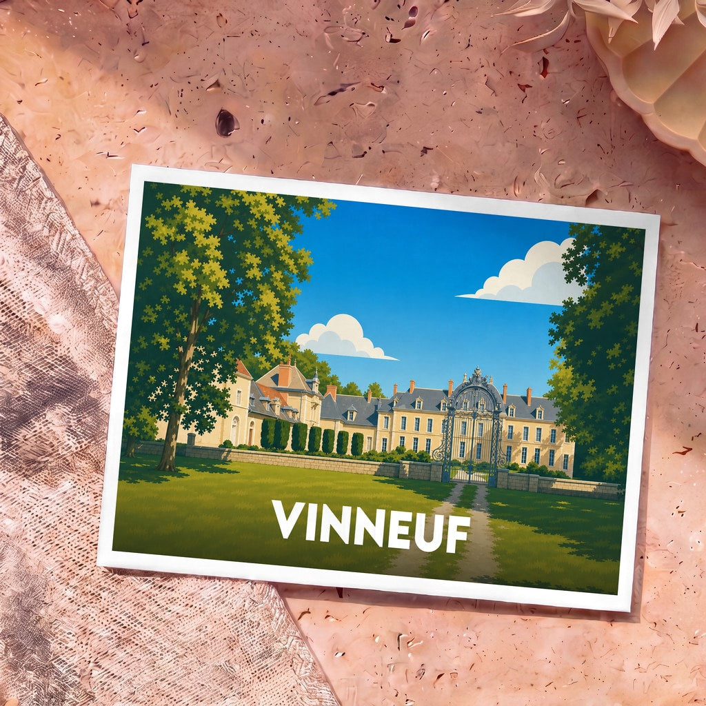 Carte postale souvenir de la ville de Vinneuf avec une illustration stylisée d'un château.