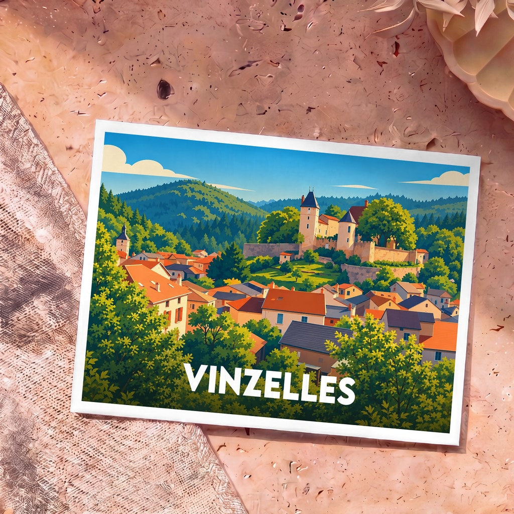 Carte postale souvenir de la ville de Vinzelles avec une illustration stylisée de son château et de ses toits rouges.