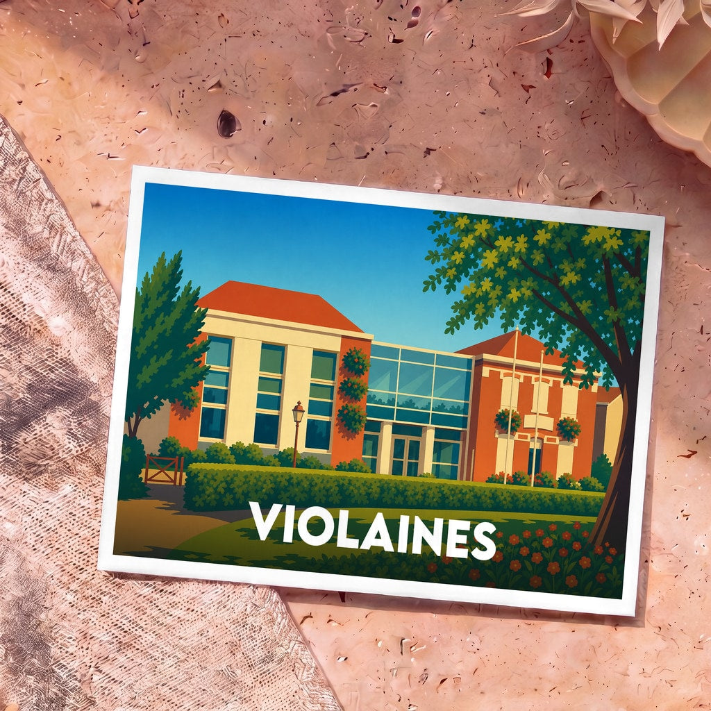 Carte postale souvenir de la ville de Violaines présentant une illustration colorée de l'hôtel de ville.