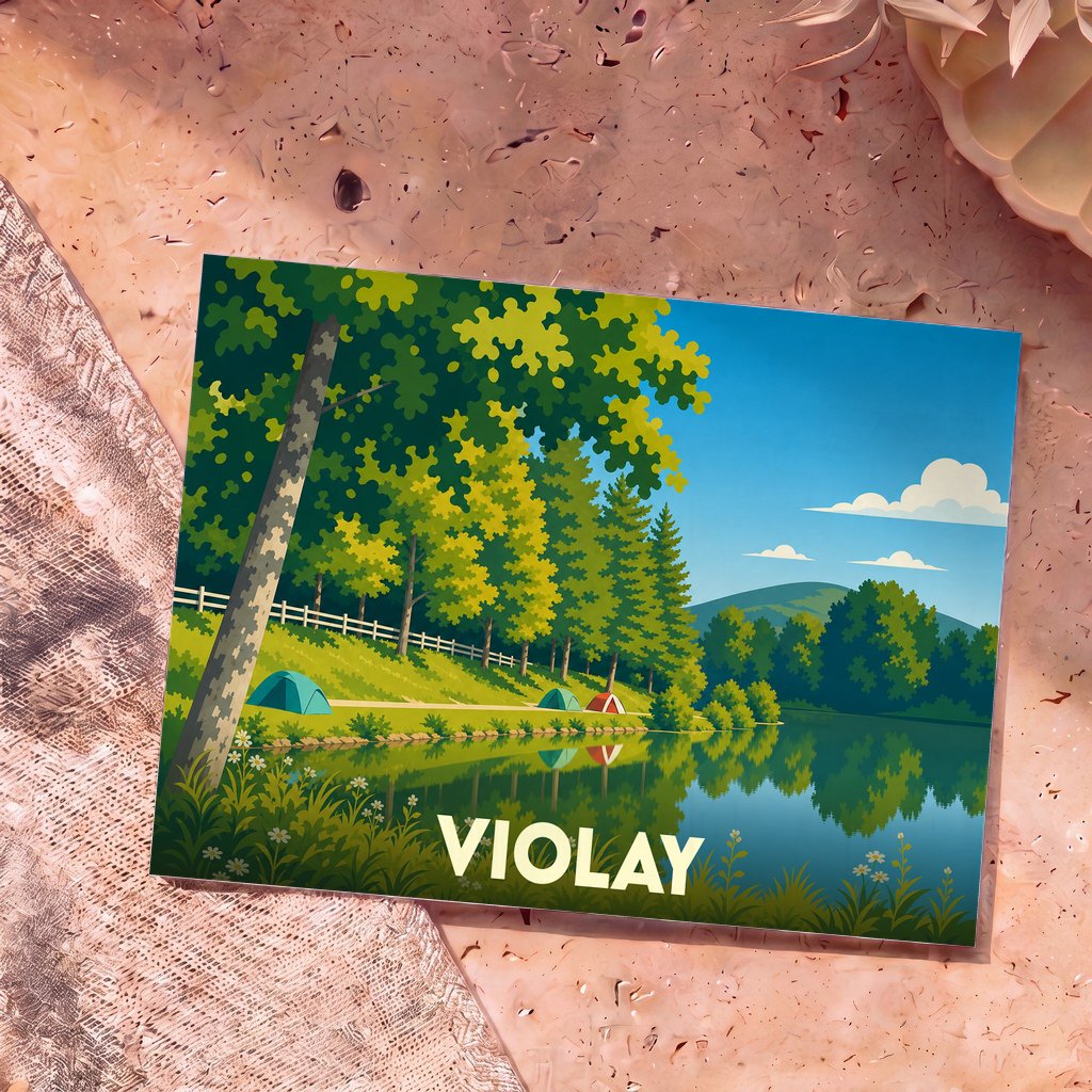 Carte postale souvenir de la ville de Violay avec une illustration stylisée d'un bord de lac ensoleillé.