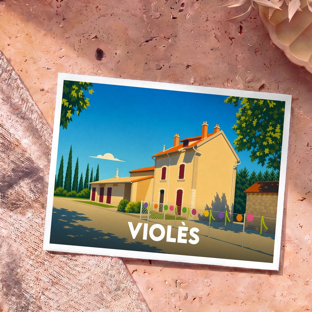 Carte postale souvenir de la ville de Violès avec une illustration stylisée d'une maison provençale sous un ciel bleu.