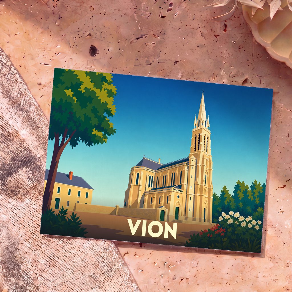 Carte postale souvenir de la ville de Vion avec une illustration stylisée de son église sous un ciel bleu.