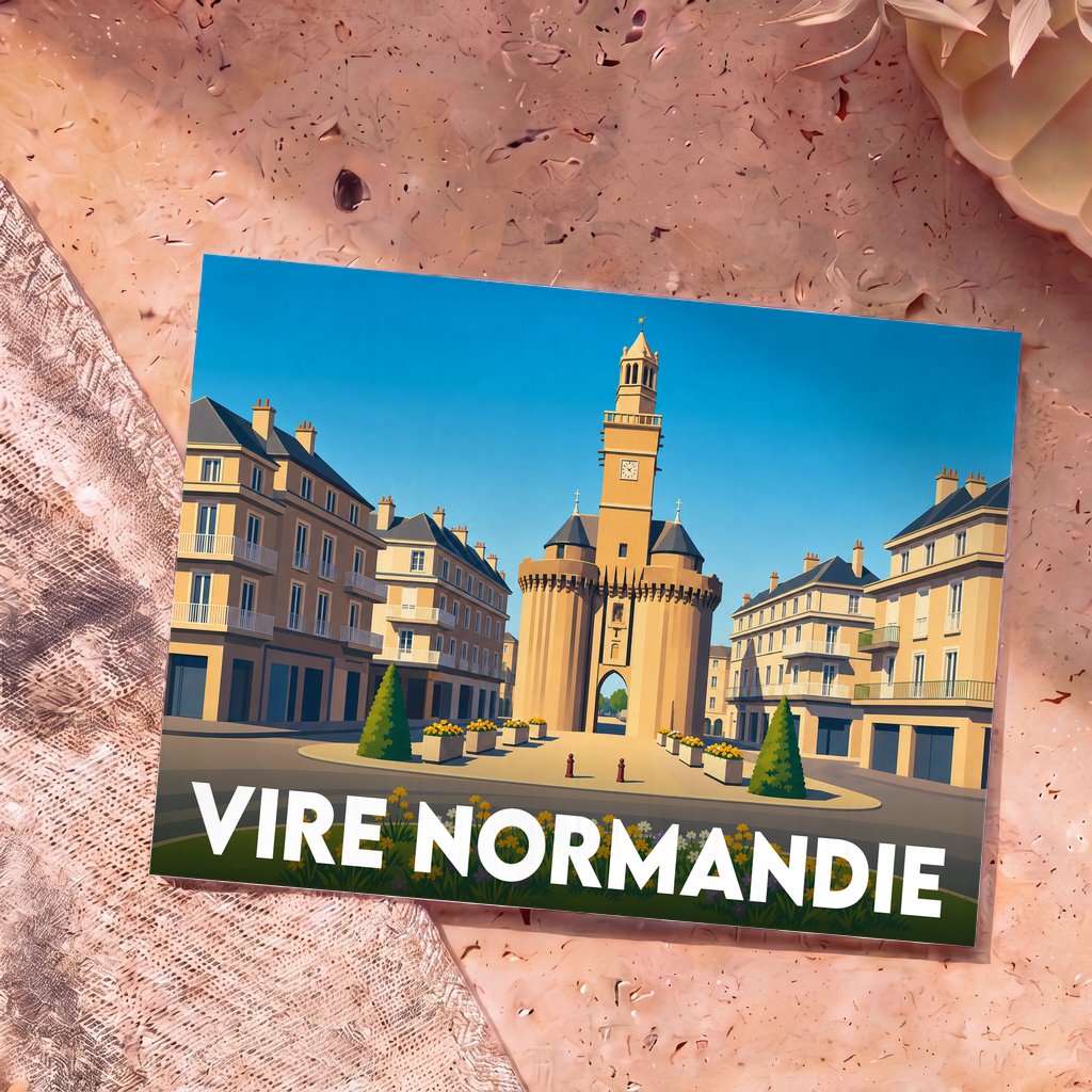 Carte postale souvenir de la ville de Vire Normandie illustrant la Porte Horloge dans un style graphique épuré.
