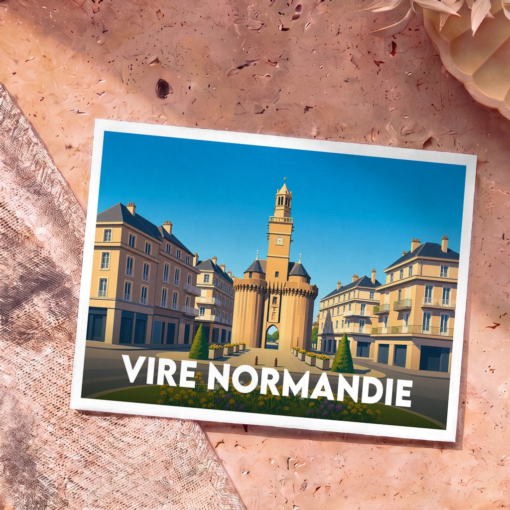 Carte postale souvenir de la ville de Vire Normandie illustrant la Porte Horloge dans un style graphique épuré.
