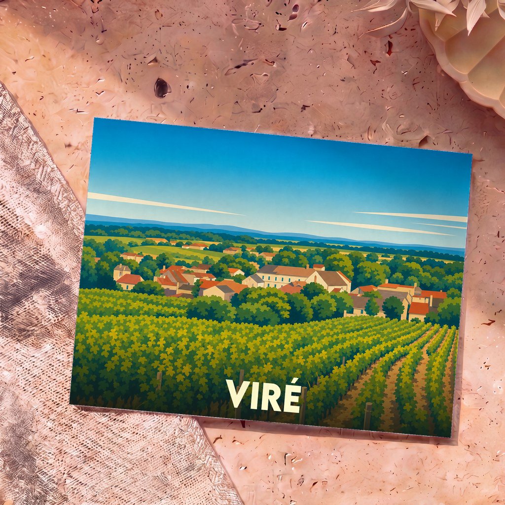Carte postale souvenir de la ville de Viré avec une illustration stylisée d'un vignoble et d'un village.