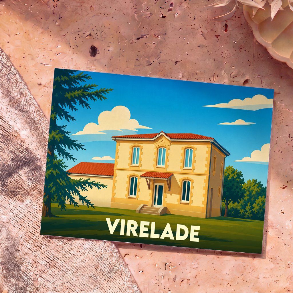 Carte postale souvenir de la ville de Virelade avec une illustration stylisée d'une maison traditionnelle.