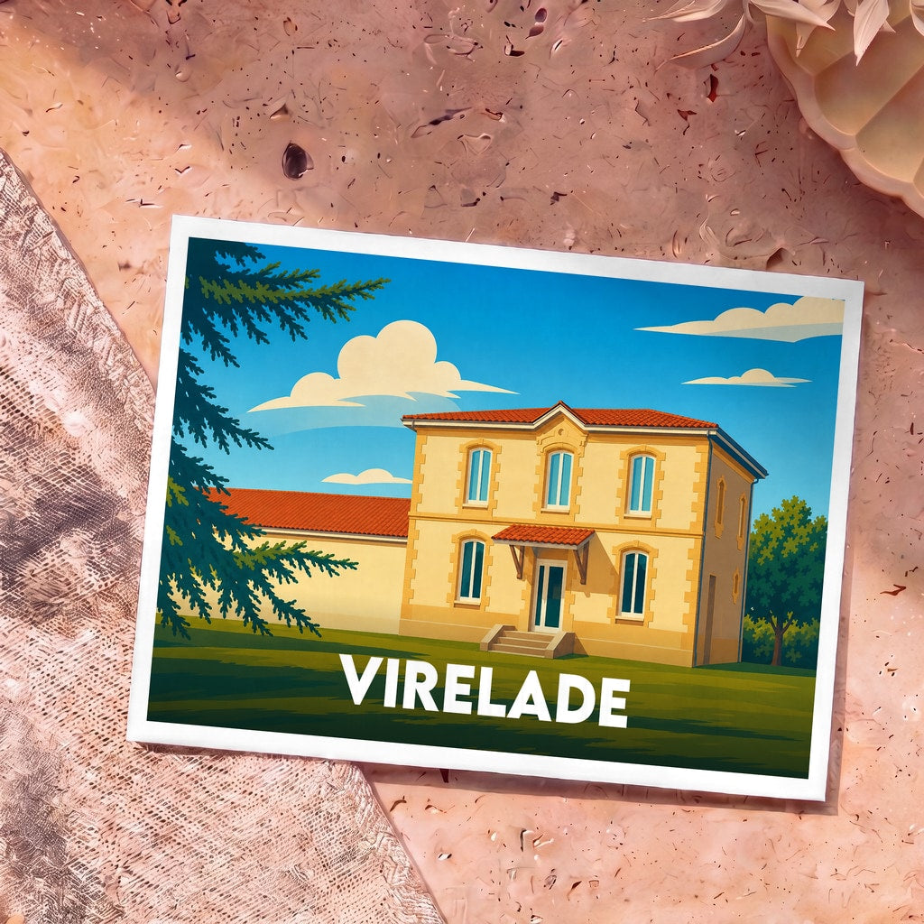 Carte postale souvenir de la ville de Virelade avec une illustration stylisée d'une maison traditionnelle.
