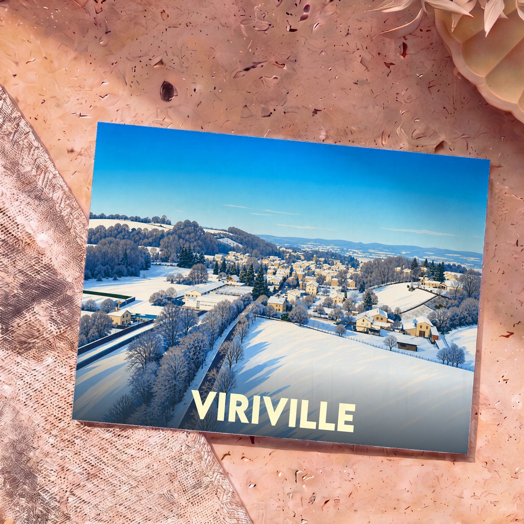 Carte postale souvenir de la ville de Viriville présentant une illustration hivernale stylisée.