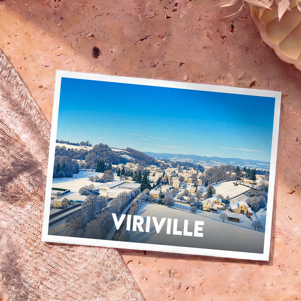 Carte postale souvenir de la ville de Viriville présentant une illustration hivernale stylisée.