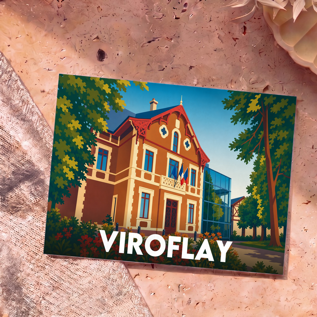Carte postale souvenir de la ville de Viroflay avec une illustration stylisée de son hôtel de ville.