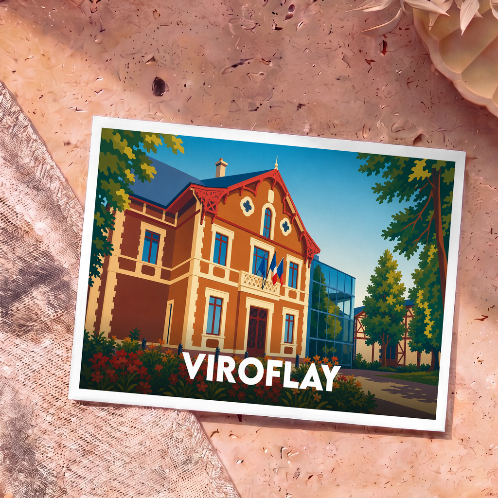 Carte postale souvenir de la ville de Viroflay avec une illustration stylisée de son hôtel de ville.