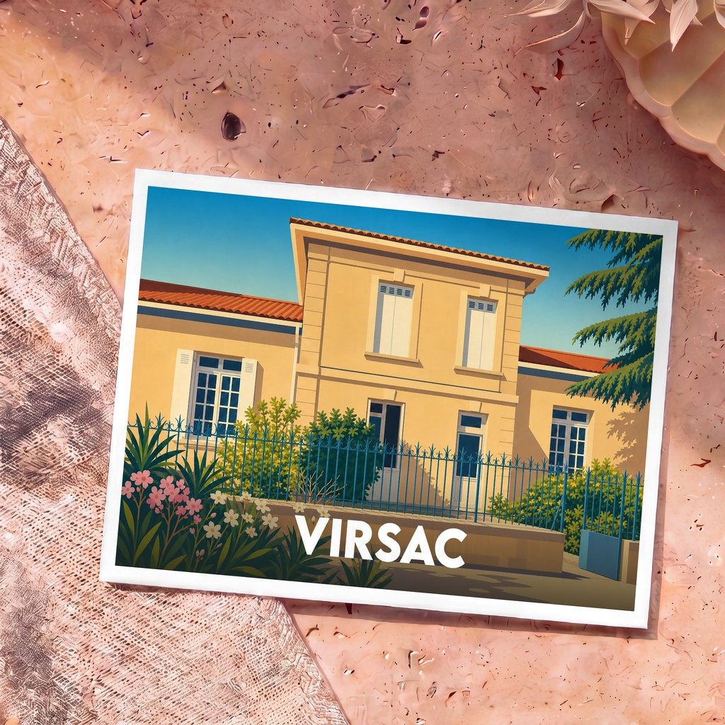 Carte postale souvenir de la ville de Virsac avec une illustration stylisée d'une maison de maître ensoleillée.