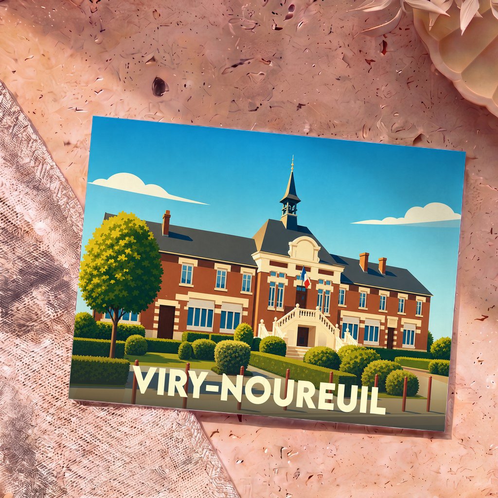 Carte postale souvenir de la ville de Viry-Noureuil avec une illustration stylisée de sa mairie.