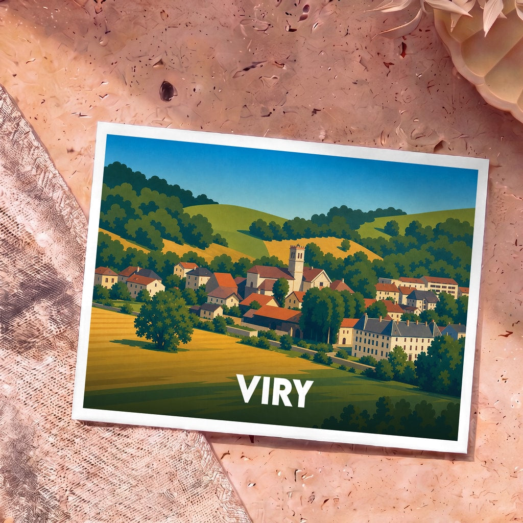 Carte postale souvenir de la ville de Viry avec une illustration stylisée et colorée d'un village vallonné.