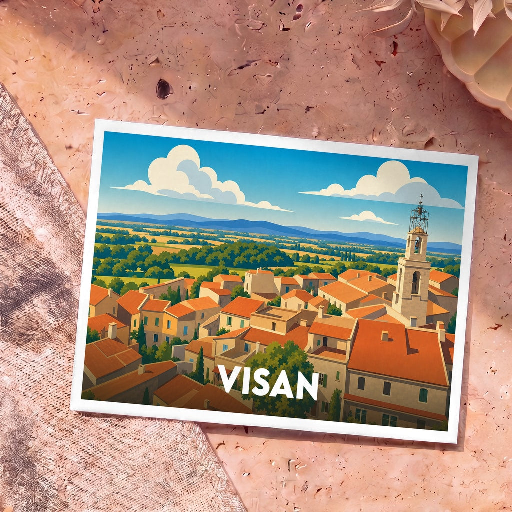 Carte postale souvenir de la ville de Visan avec une illustration stylisée de ses toits provençaux.