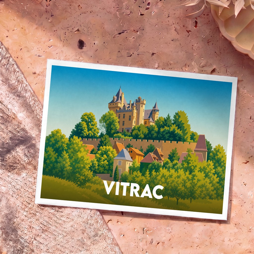Carte postale souvenir de la ville de Vitrac ornée d'une illustration stylisée de son château et de ses maisons.