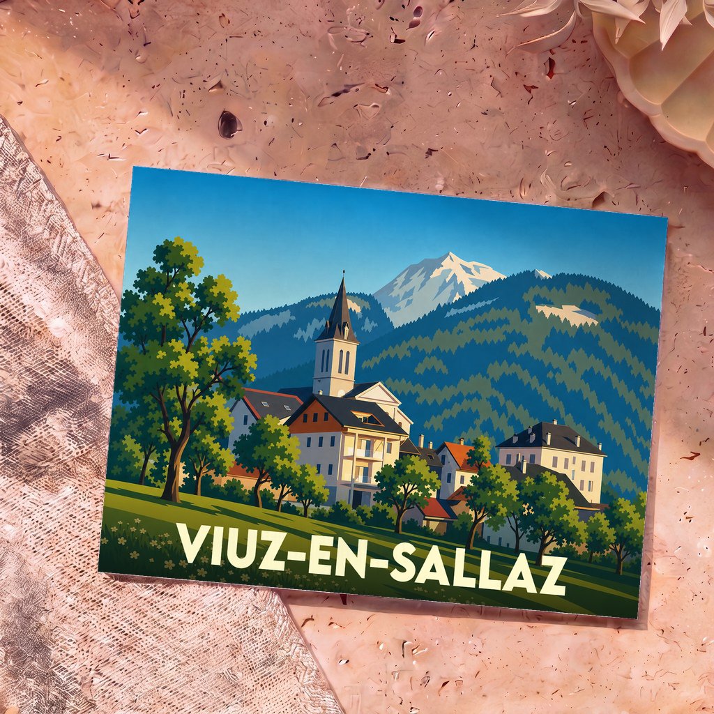 Carte postale souvenir de la ville de Viuz-en-Sallaz avec une illustration stylisée de son village et des montagnes.