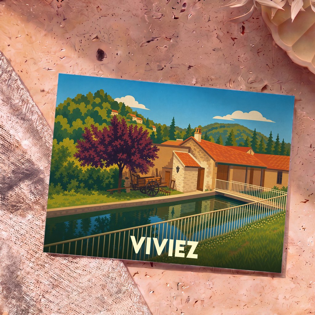 Carte postale souvenir de la ville de Viviez avec une illustration stylisée d'un paysage de campagne.