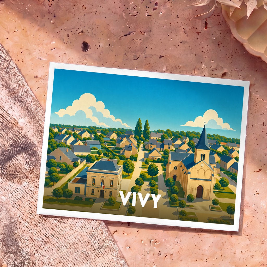 Carte postale souvenir de la ville de Vivy avec une illustration stylisée représentant son église et sa mairie.