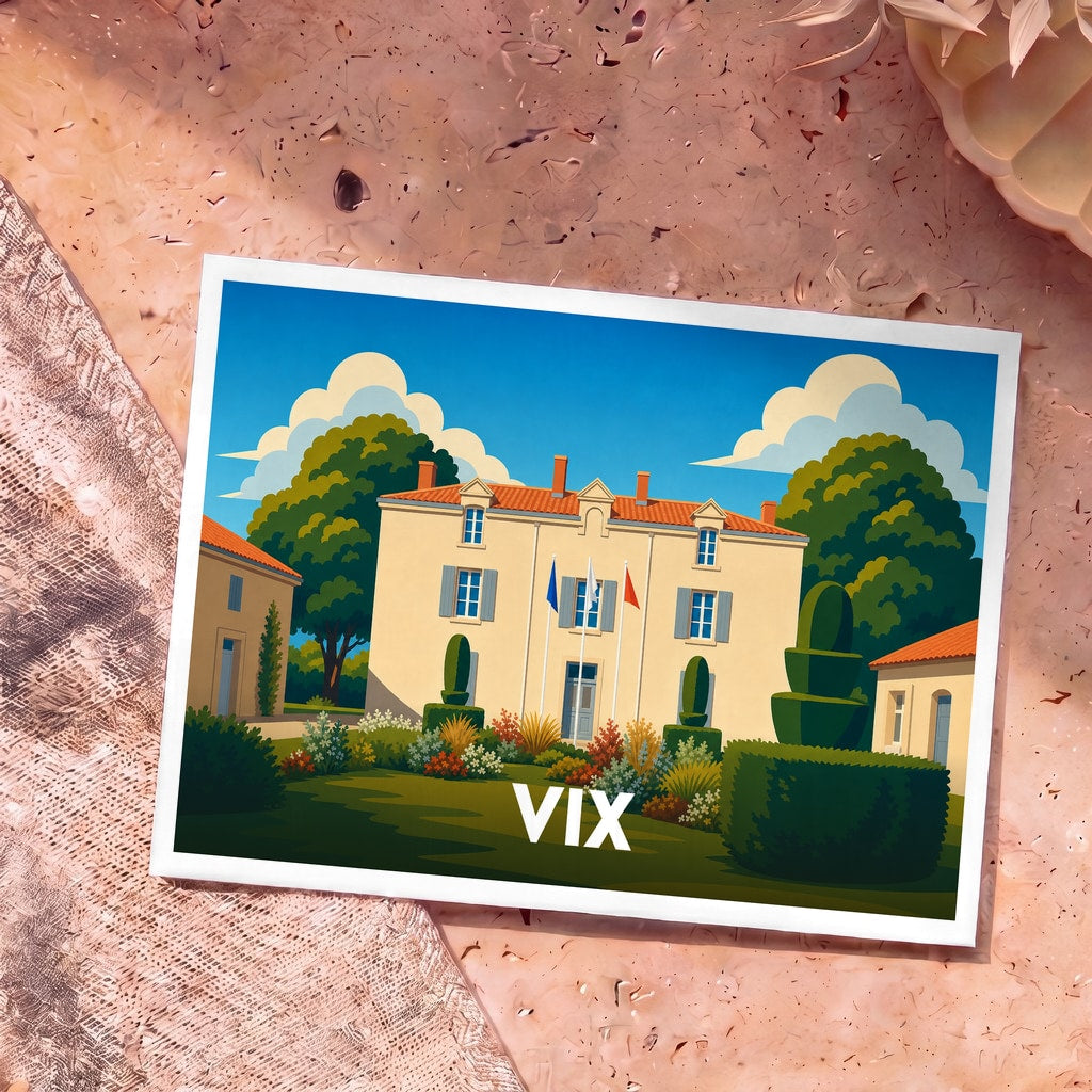 Carte postale souvenir de la ville de Vix avec une illustration stylisée de sa mairie et de ses jardins.