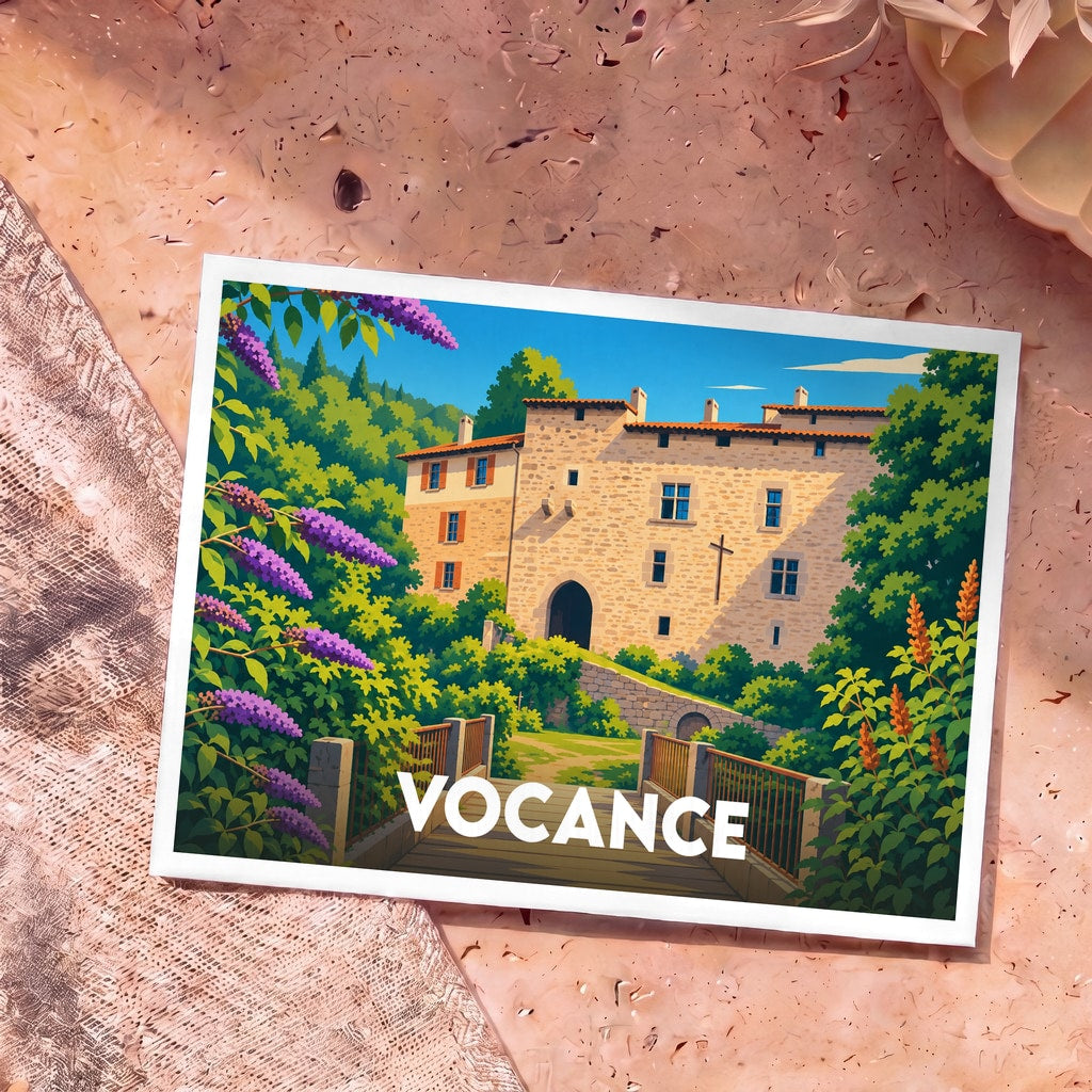 Carte postale souvenir de la ville de Vocance avec une illustration stylisée d'un bâtiment historique en pierre entouré de végétation.