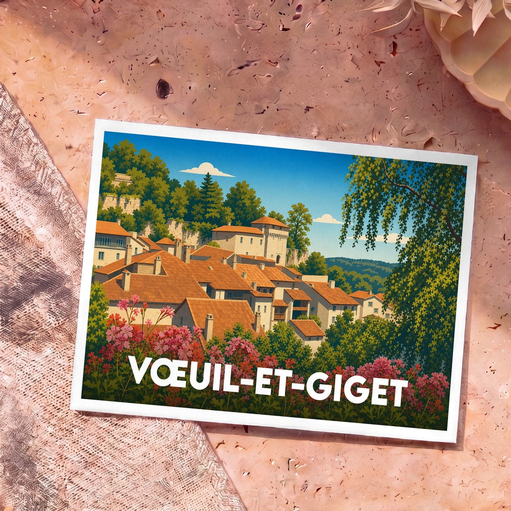 Carte postale souvenir de la ville de Vœuil-et-Giget avec une illustration stylisée de ses toits et de sa végétation.