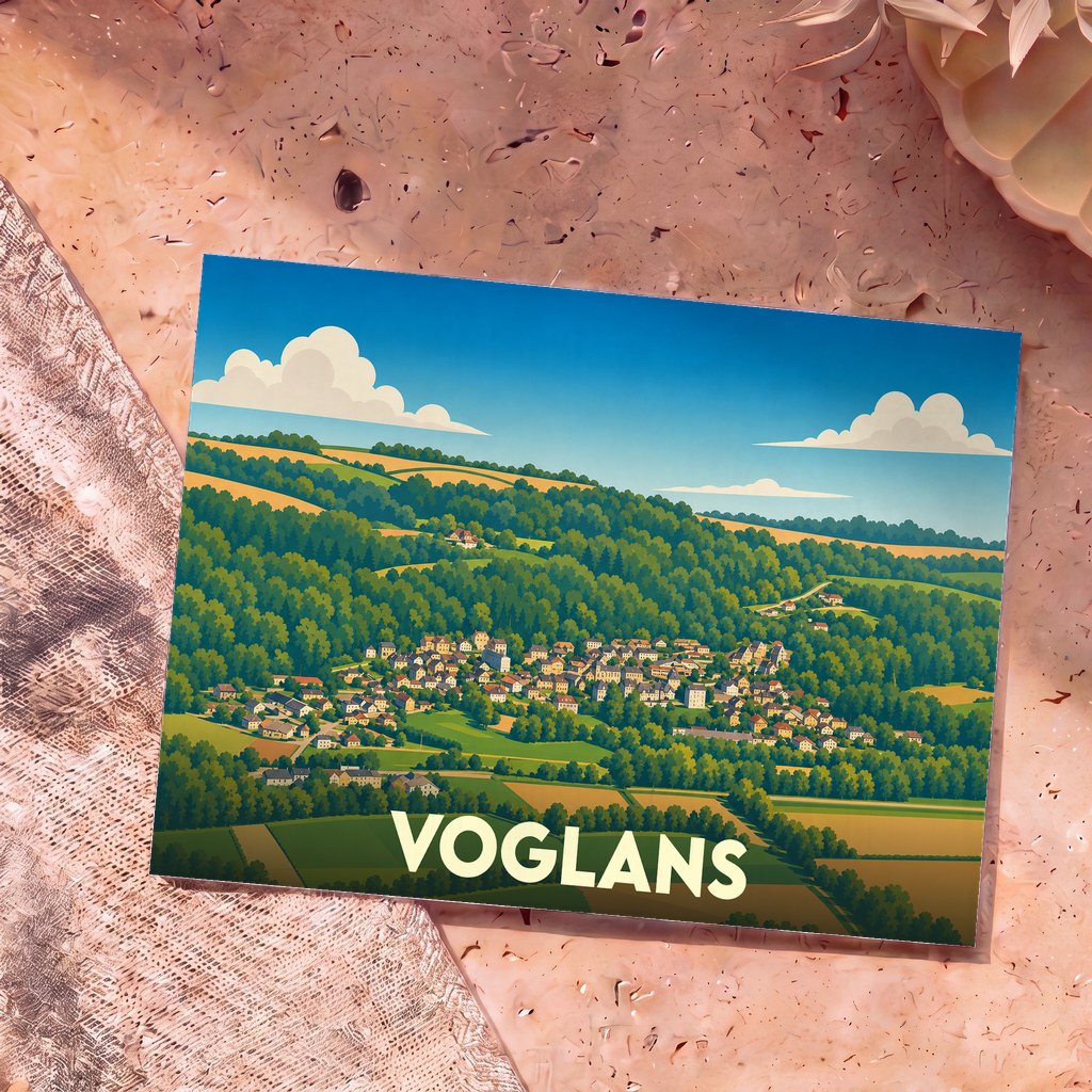 Carte postale souvenir de la ville de Voglans avec une illustration stylisée d'un paysage vallonné.