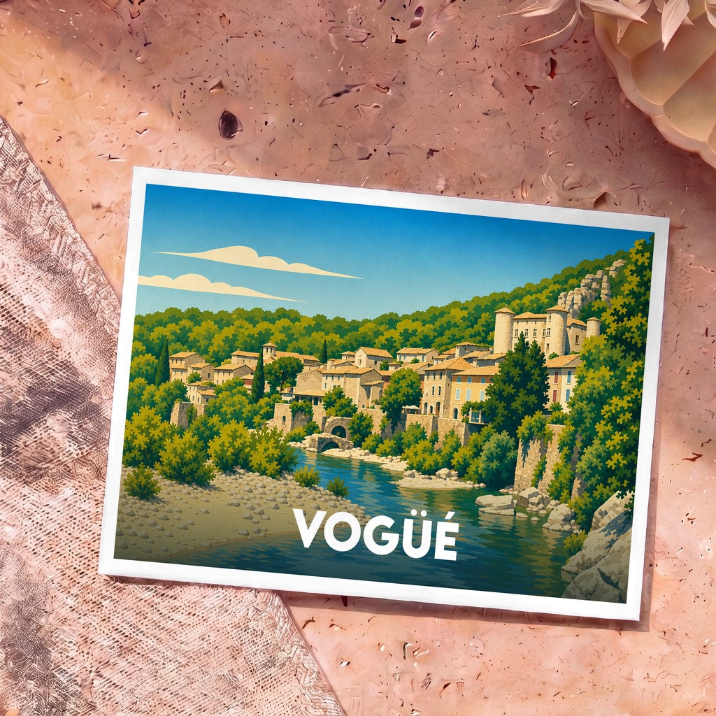 Carte postale souvenir de la ville de Vogüé avec une illustration stylisée.