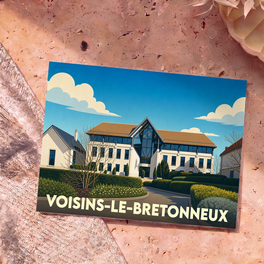 Carte postale souvenir de la ville de Voisins-le-Bretonneux avec une illustration stylisée de l'hôtel de ville.