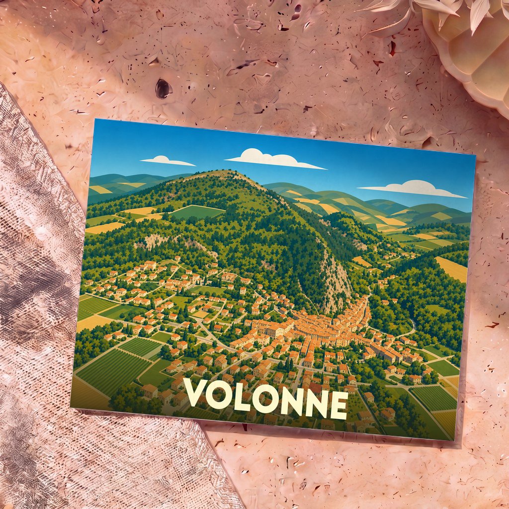 Carte postale souvenir de la ville de Volonne avec une illustration stylisée vue du ciel.