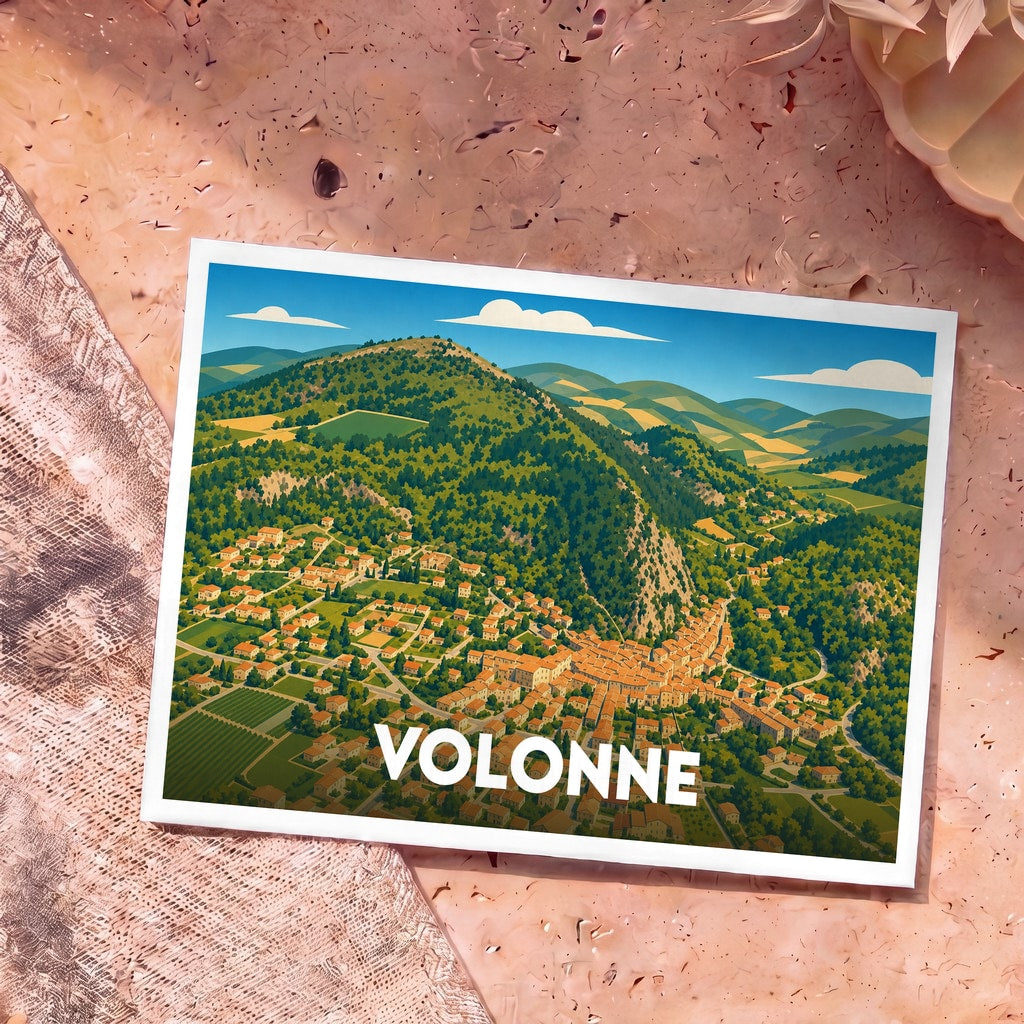 Carte postale souvenir de la ville de Volonne avec une illustration stylisée vue du ciel.
