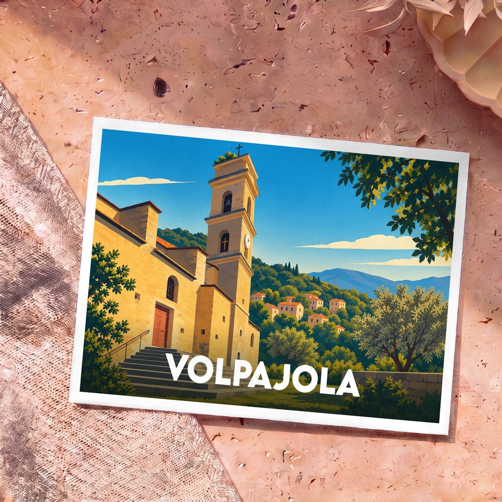 Carte postale souvenir de la ville de Volpajola avec une illustration stylisée d'une église et d'un paysage corse.